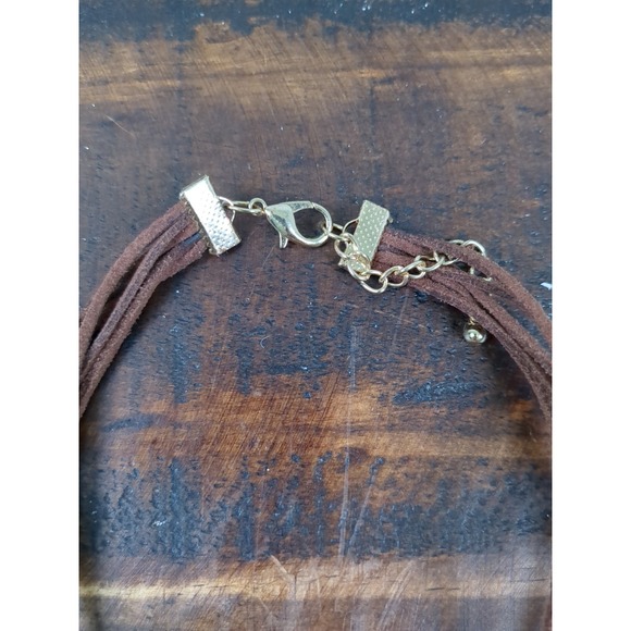 Macys Necklace & Earring Set, Leather Cord Multiple Strands, Beaded Gold & Brown - Picture 5 of 7